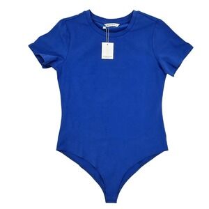 MANGOPOP Bodysuit Women L Blue Round Crew Neck Short Sleeve Snap Crotch NWT